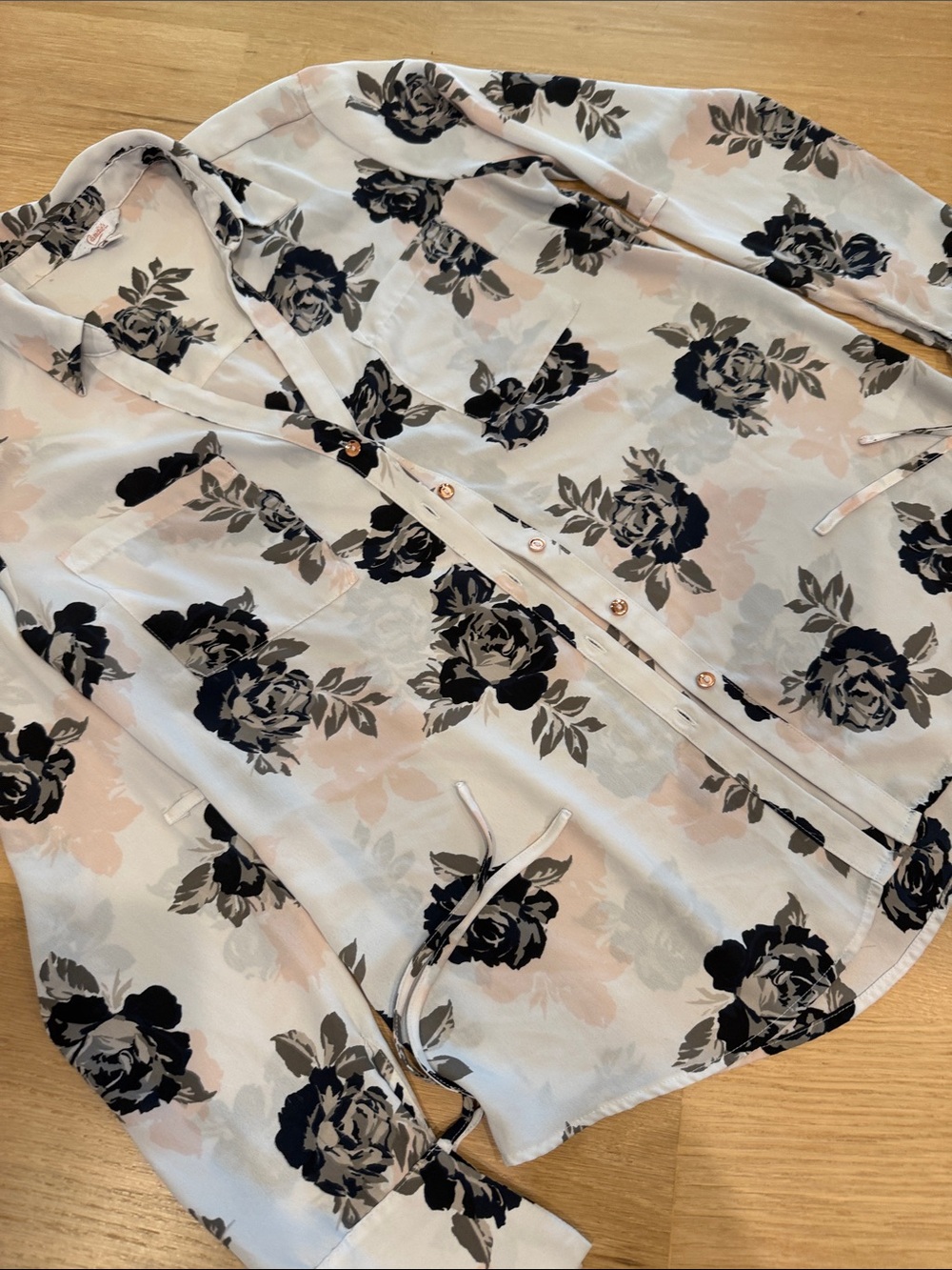 Candie's Floral Button-Down Shirt in Blush, Black & Gray